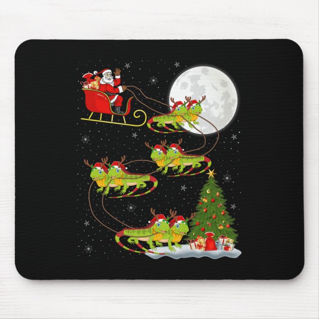Iguana Santa Sleigh Flying Funny Magical Christmas Mouse Pad (Front)