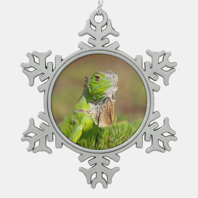 Iguana Snowflake Pewter Christmas Ornament (Front)