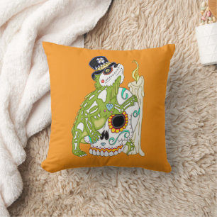 Iguana Sugar Skull Throw Pillow