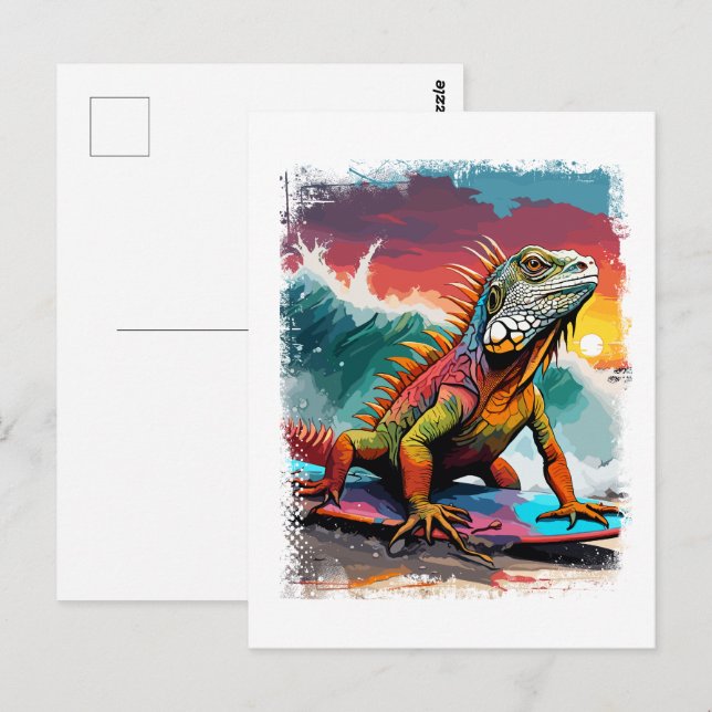 Iguana Surfing Cute Colourful Comic Illustration Postcard (Front/Back)