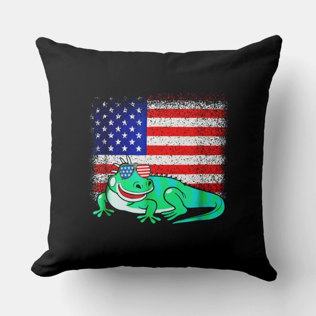 Iguana with America Flag Throw Pillow (Front)