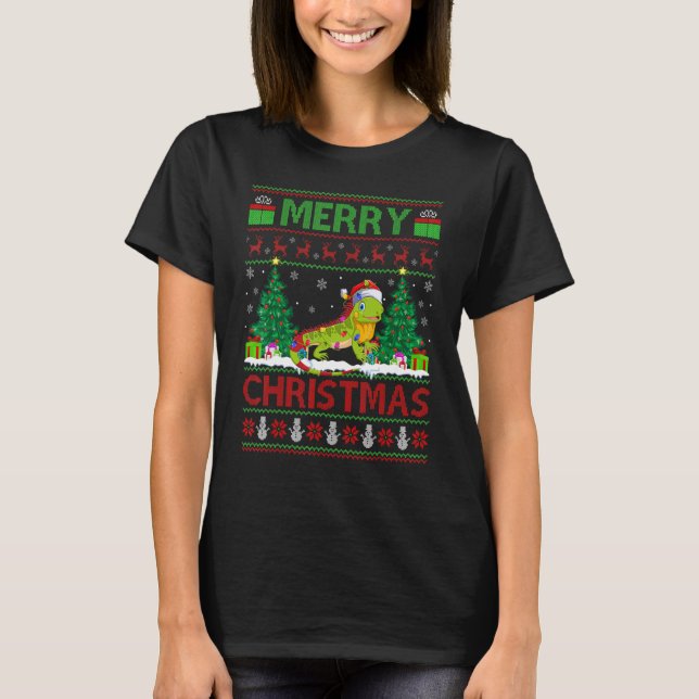 Iguana   Xmas Tree Lights Ugly Santa Iguana Christ T-Shirt (Front)