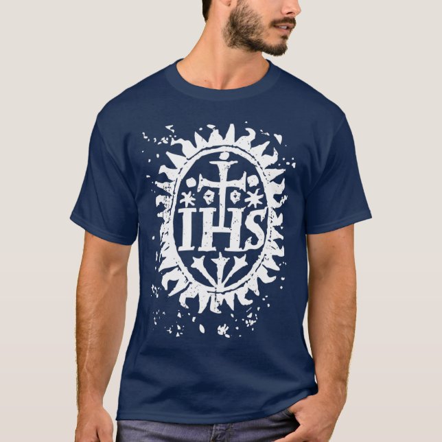 IHS Cross Christogram Distressed Vintage Art T-Shirt (Front)