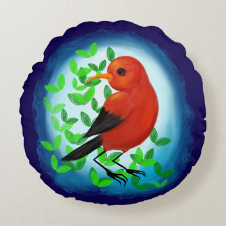 'I'iwi with leaves Round Pillow