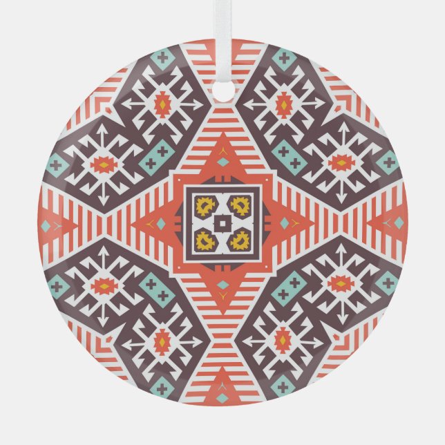 Ikat Aztec: Ethnic Striped Texture Glass Ornament (Front)
