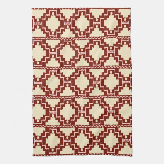 Ikat Aztec Pattern - Beige, Burgundy and Pink Kitchen Towel (Vertical)