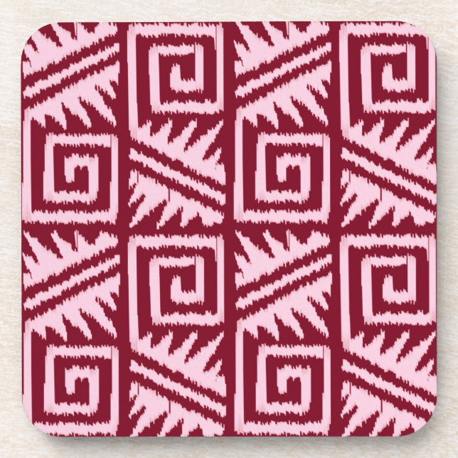 Ikat Aztec Pattern - Burgundy and Pink Coaster (Front)