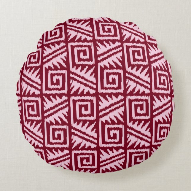 Ikat Aztec Pattern - Burgundy and Pink Round Pillow (Front)