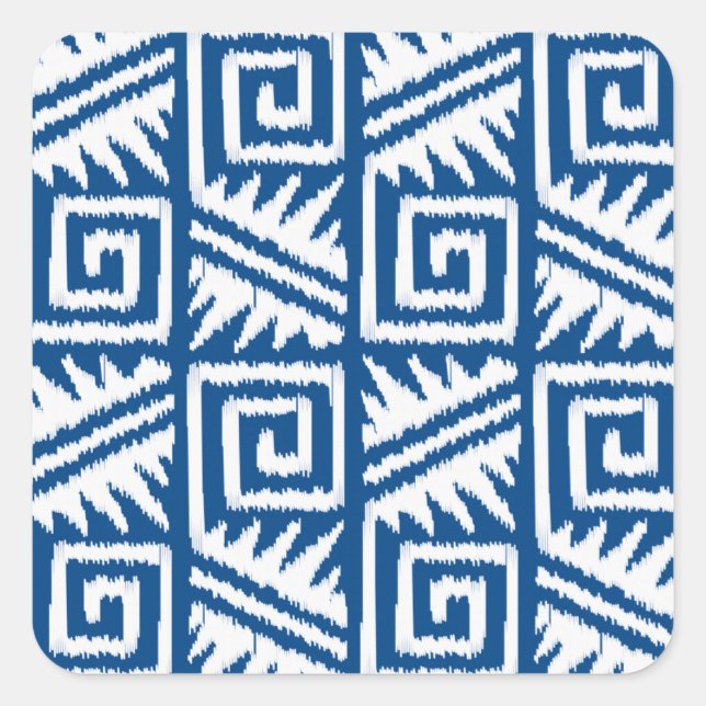Ikat Aztec Pattern - Cobalt Blue and White Square Sticker (Front)