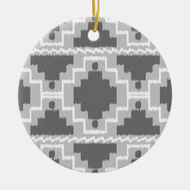Ikat Aztec Pattern - Dark and light Grey / Grey Ceramic Ornament (Front)