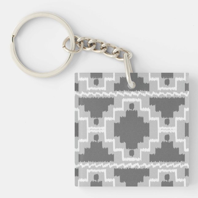 Ikat Aztec Pattern - Dark and light Grey / Grey Keychain (Front)