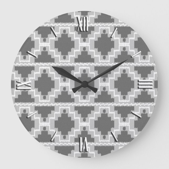 Ikat Aztec Pattern - Dark and light Grey / Grey Large Clock (Front)