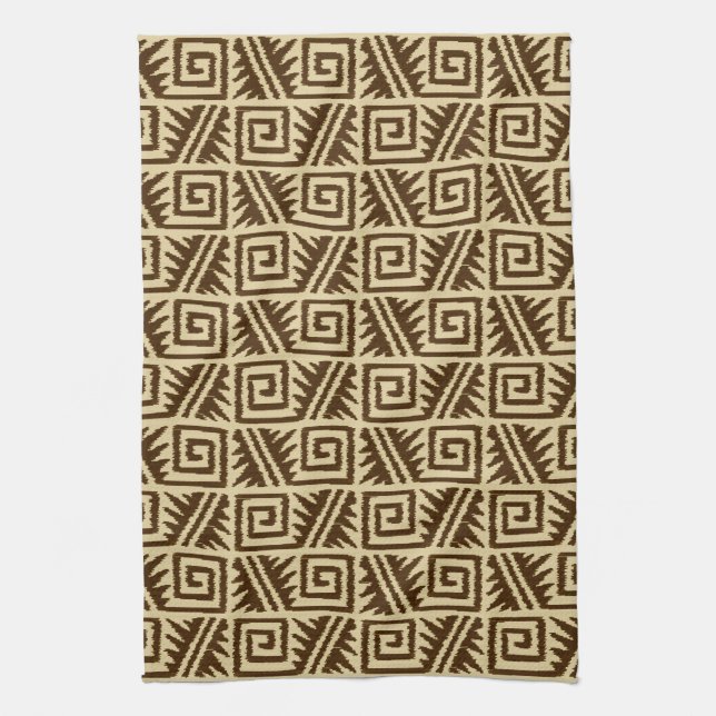 Ikat Aztec Pattern - Dark Brown and Tan Kitchen Towel (Vertical)