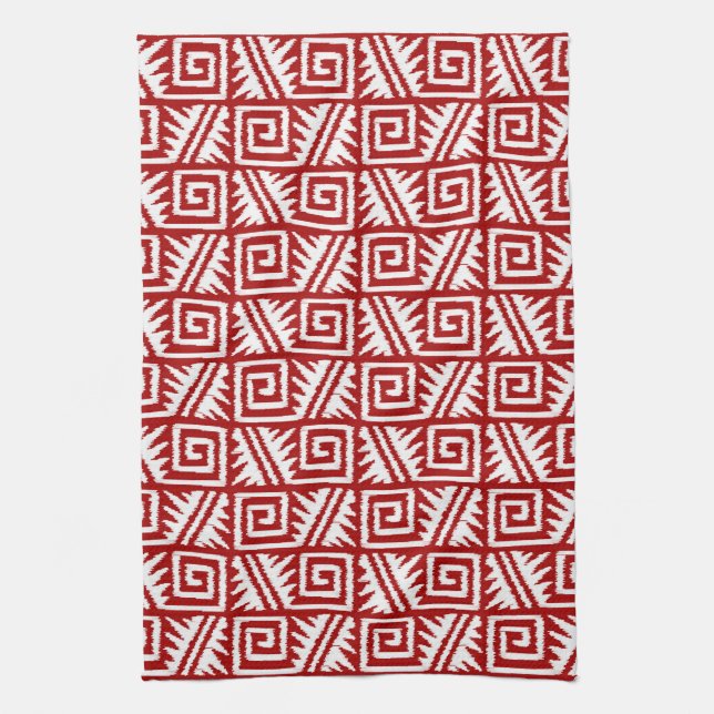 Ikat Aztec Pattern - Dark Red and White Kitchen Towel (Vertical)