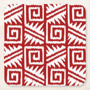 Ikat Aztec Pattern - Dark Red and White Square Paper Coaster