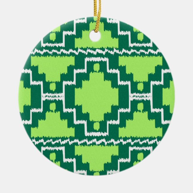 Ikat Aztec Pattern - Forest and Lime Green Ceramic Ornament (Front)
