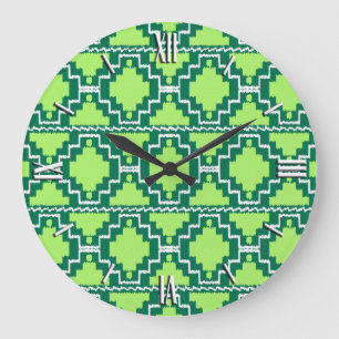 Ikat Aztec Pattern - Forest and Lime Green Large Clock