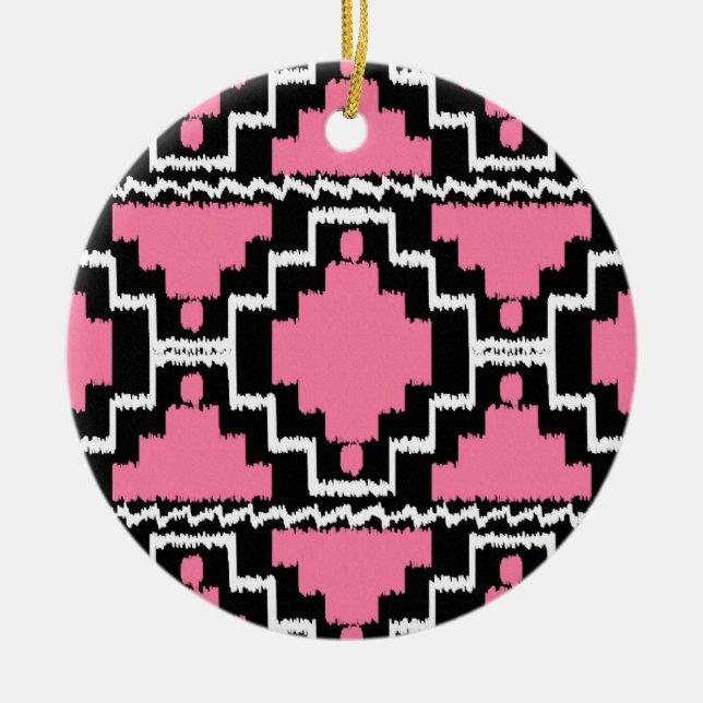 Ikat Aztec Pattern - Fuchsia Pink, Black and White Ceramic Ornament (Front)