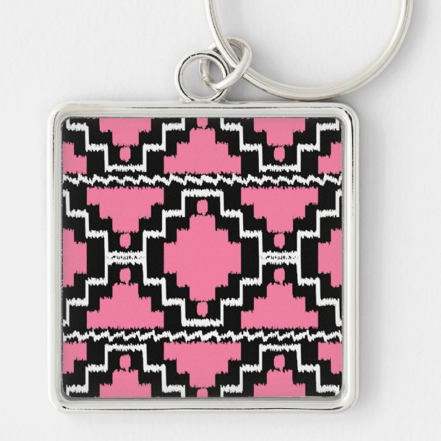 Ikat Aztec Pattern - Fuchsia Pink, Black and White Keychain (Front)