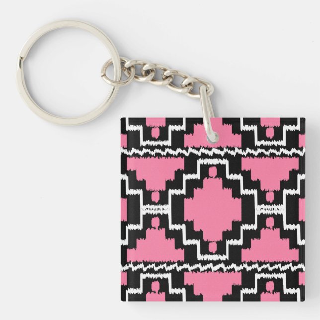 Ikat Aztec Pattern - Fuchsia Pink, Black and White Keychain (Front)