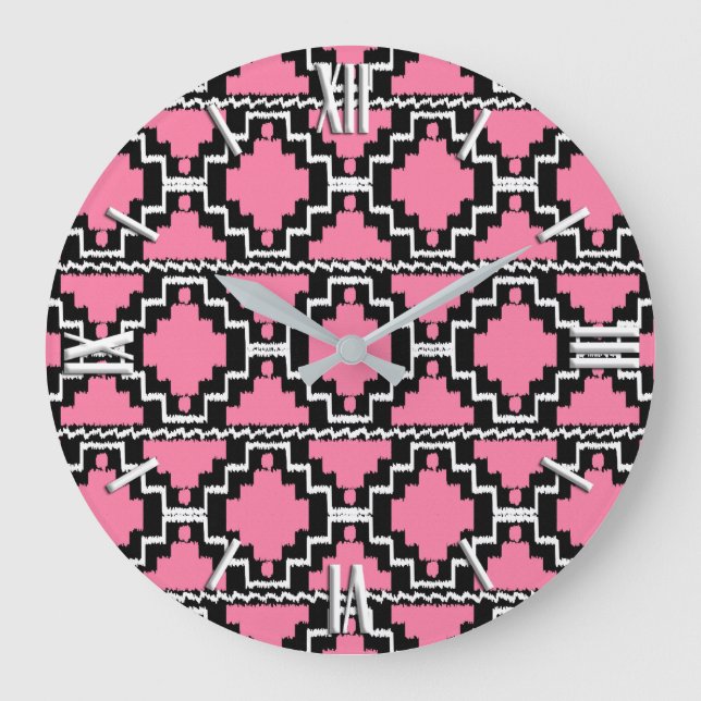 Ikat Aztec Pattern - Fuchsia Pink, Black and White Large Clock (Front)