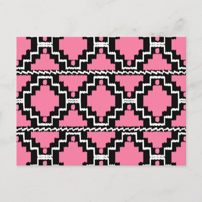 Ikat Aztec Pattern - Fuchsia Pink, Black and White Postcard (Front)