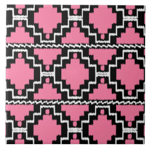 Ikat Aztec Pattern - Fuchsia Pink, Black and White Tile