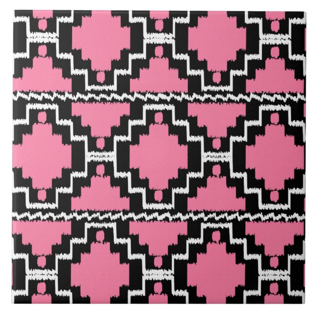 Ikat Aztec Pattern - Fuchsia Pink, Black and White Tile (Front)