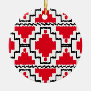Ikat Aztec Pattern - Red, Black and White Ceramic Ornament