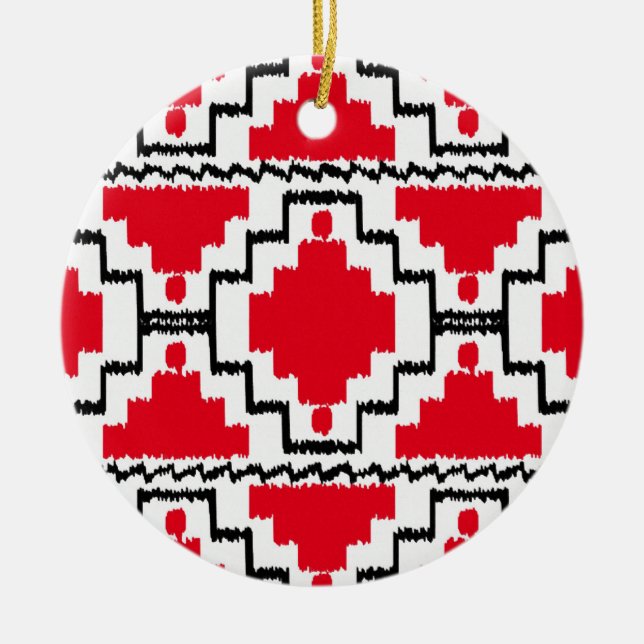 Ikat Aztec Pattern - Red, Black and White Ceramic Ornament (Front)