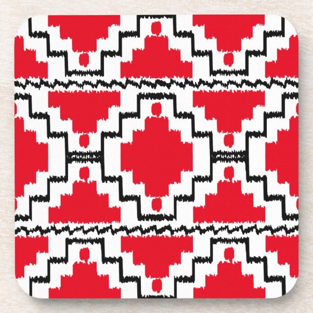 Ikat Aztec Pattern - Red, Black and White Coaster (Front)