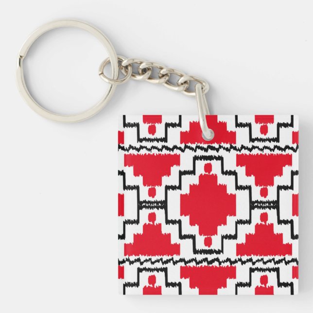 Ikat Aztec Pattern - Red, Black and White Keychain (Front)