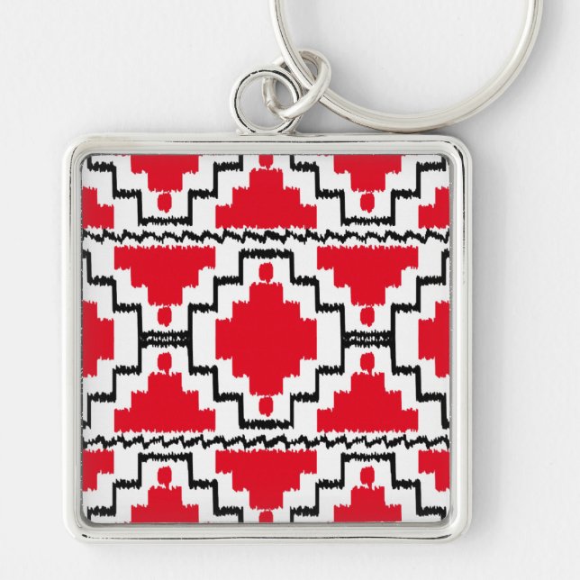 Ikat Aztec Pattern - Red, Black and White Keychain (Front)