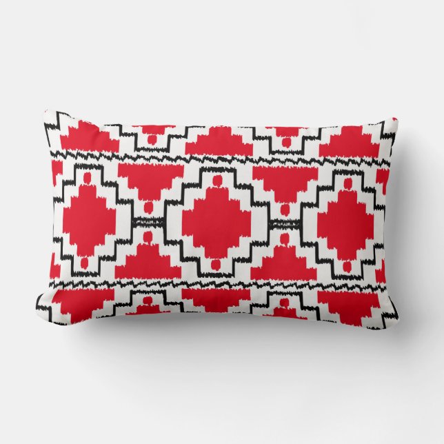 Ikat Aztec Pattern - Red, Black and White Lumbar Pillow (Front)