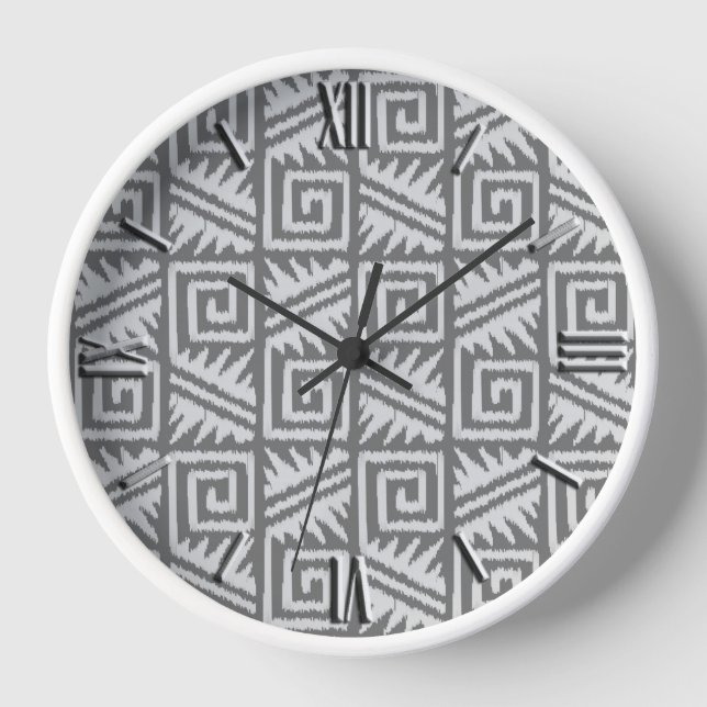 Ikat Aztec Pattern - Shades of Grey / Grey Wall Clock (Front)