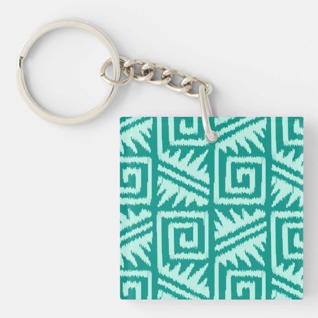 Ikat Aztec Pattern - Turquoise and Aqua Keychain (Front)