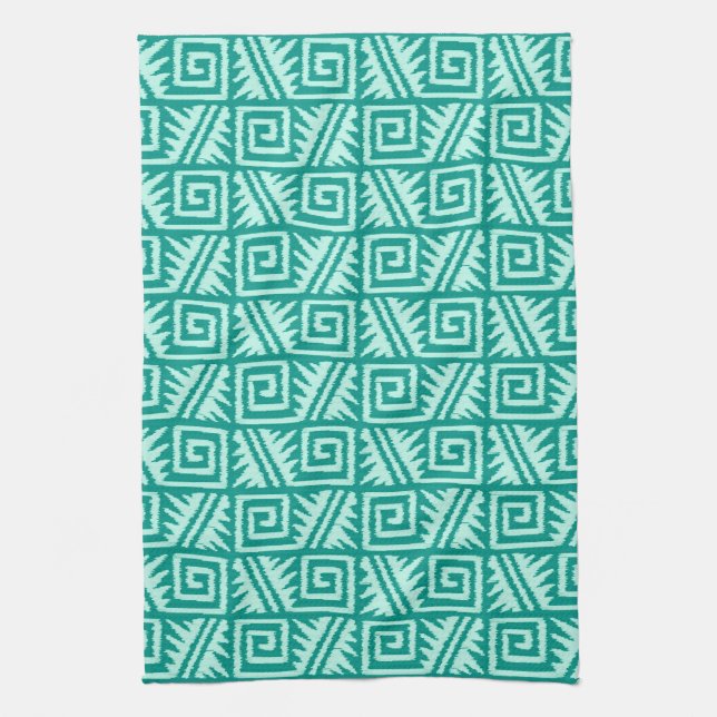 Ikat Aztec Pattern - Turquoise and Aqua Kitchen Towel (Vertical)