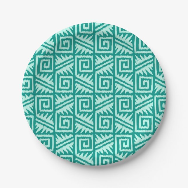 Ikat Aztec Pattern - Turquoise and Aqua Paper Plate (Front)