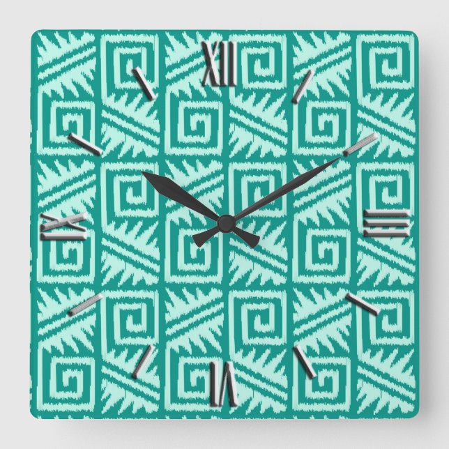 Ikat Aztec Pattern - Turquoise and Aqua Square Wall Clock (Front)