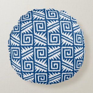 Ikat Aztec Tribal - Cobalt Blue and White Round Pillow