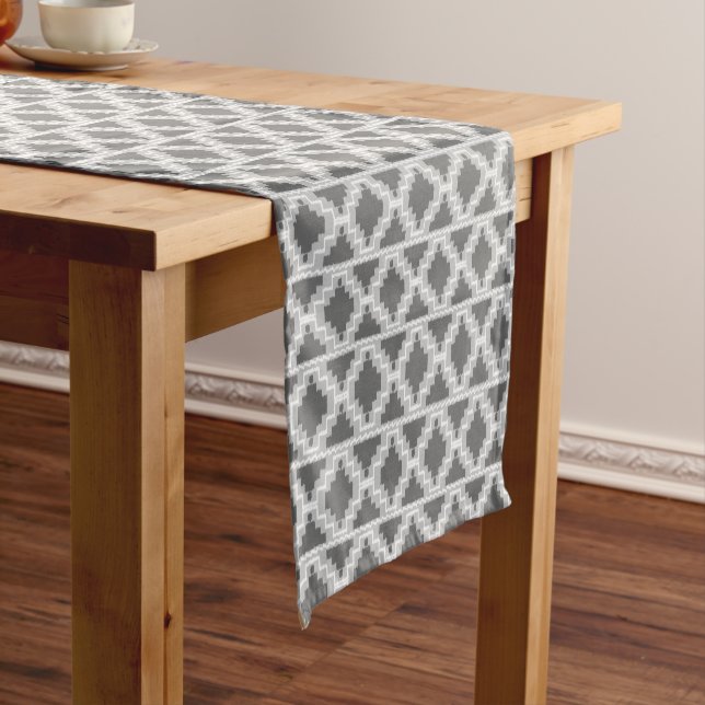 Ikat Aztec Tribal Dark and light Grey / Grey Short Table Runner (In Situ)