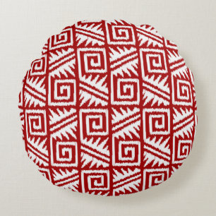 Ikat Aztec Tribal - Dark Red and White Round Pillow