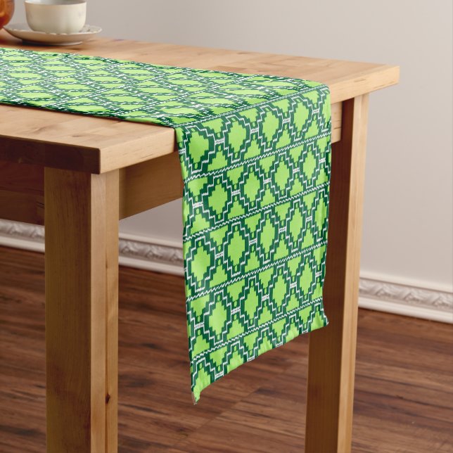 Ikat Aztec Tribal Forest and Lime Green Short Table Runner (In Situ)