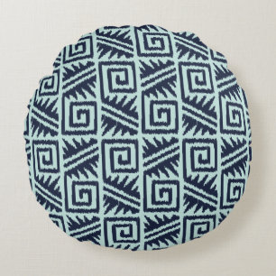 Ikat Aztec Tribal - Indigo and Light Blue Round Pillow