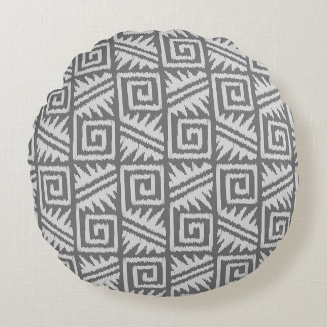 Ikat Aztec Tribal - Shades of Grey / Grey Round Pillow (Front)