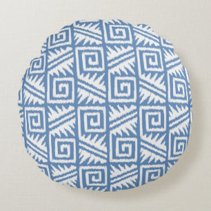 Ikat Aztec Tribal - Sky Blue and White Round Pillow