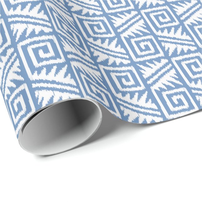 Ikat Aztec Tribal - Sky Blue and White Wrapping Paper (Roll Corner)