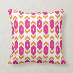Ikat Boho Hot Pink Gold and White Pattern Throw Pillow