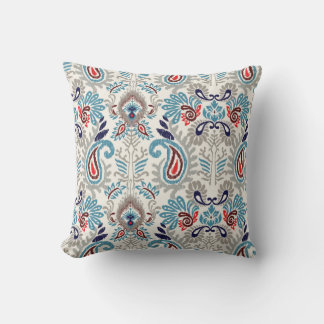 Ikat Boho Navy Blue Turquoise Paisley Design Throw Pillow