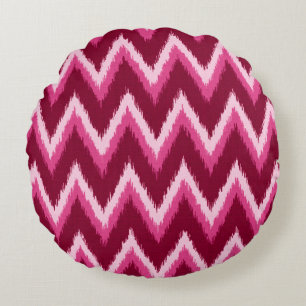 Ikat Chevron Stripes - Burqundy, Rose and Pink Round Pillow